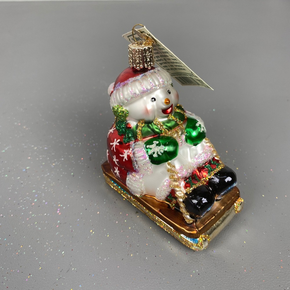 Retired Old World Christmas Sledding Snowman Glass Ornament Red Green & White